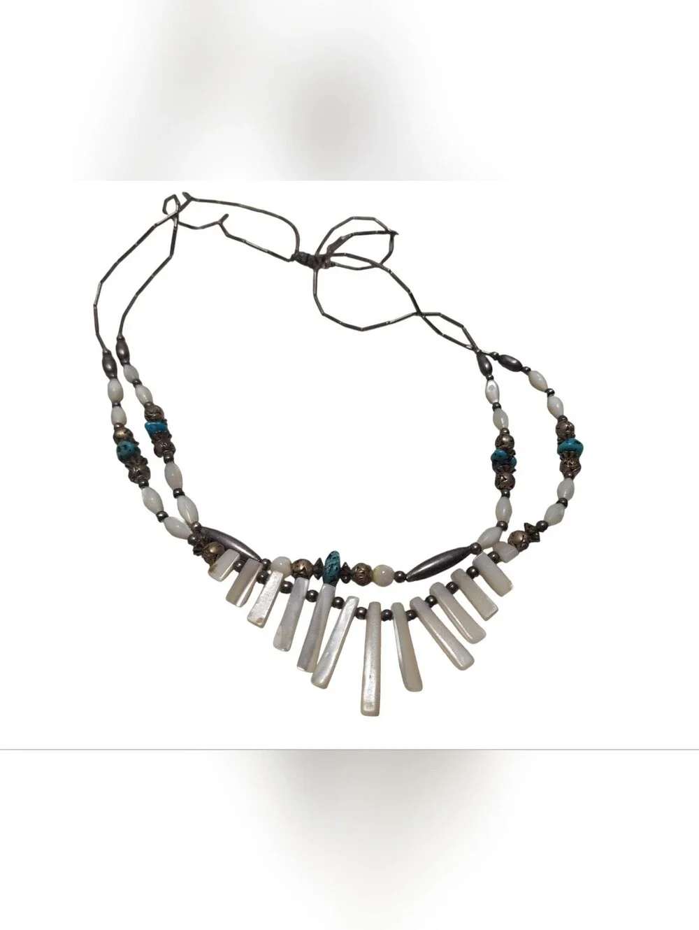 Vintage Double Strand Necklace Silver toned Metal w/ MOP & Natural Stones Boho